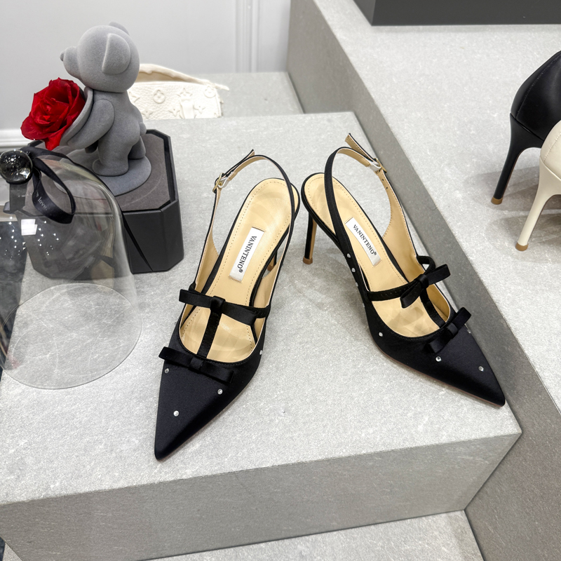 Backless Black Satin High-Heeled Sandals with Rhinestone Bow - One-Strap Design for Chic Nights Out