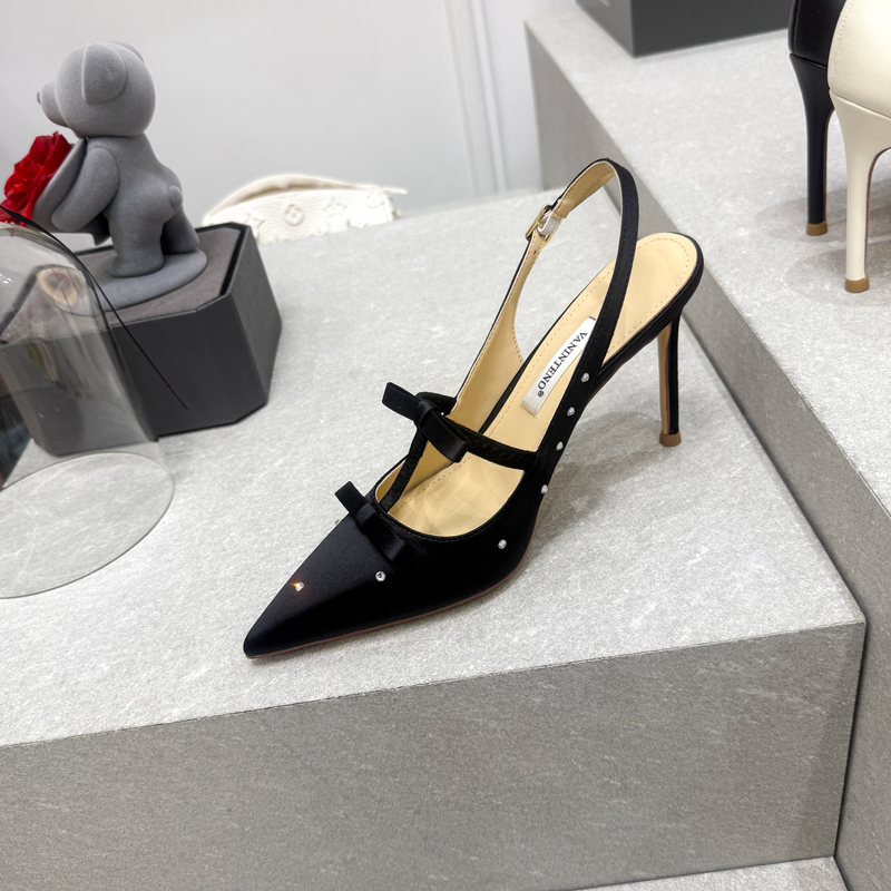 Backless Black Satin High-Heeled Sandals with Rhinestone Bow - One-Strap Design for Chic Nights Out