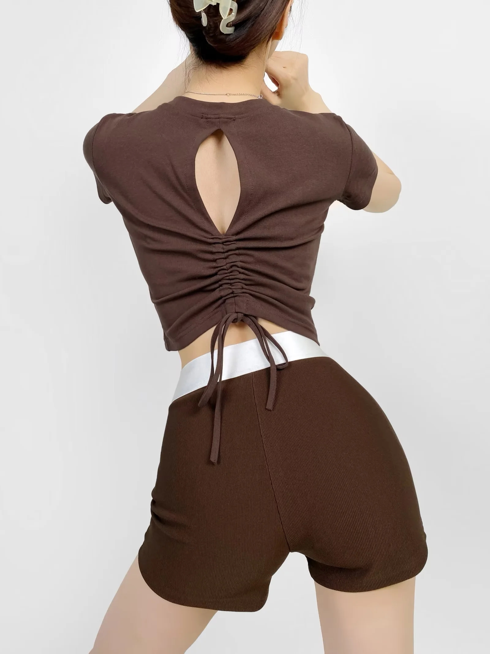 Backless Drawstring Short Sleeve T-Shirt for Women - Slim Fit Summer Top, Trendy Hot Girl Style, Perfect for 90s and Y2K Fashion Backless Drawstring Short Sleeve T-Shirt for Women - Slim Fit Summer Top, Trendy Hot Girl Style, Perfect for 90s and Y2K Fashion