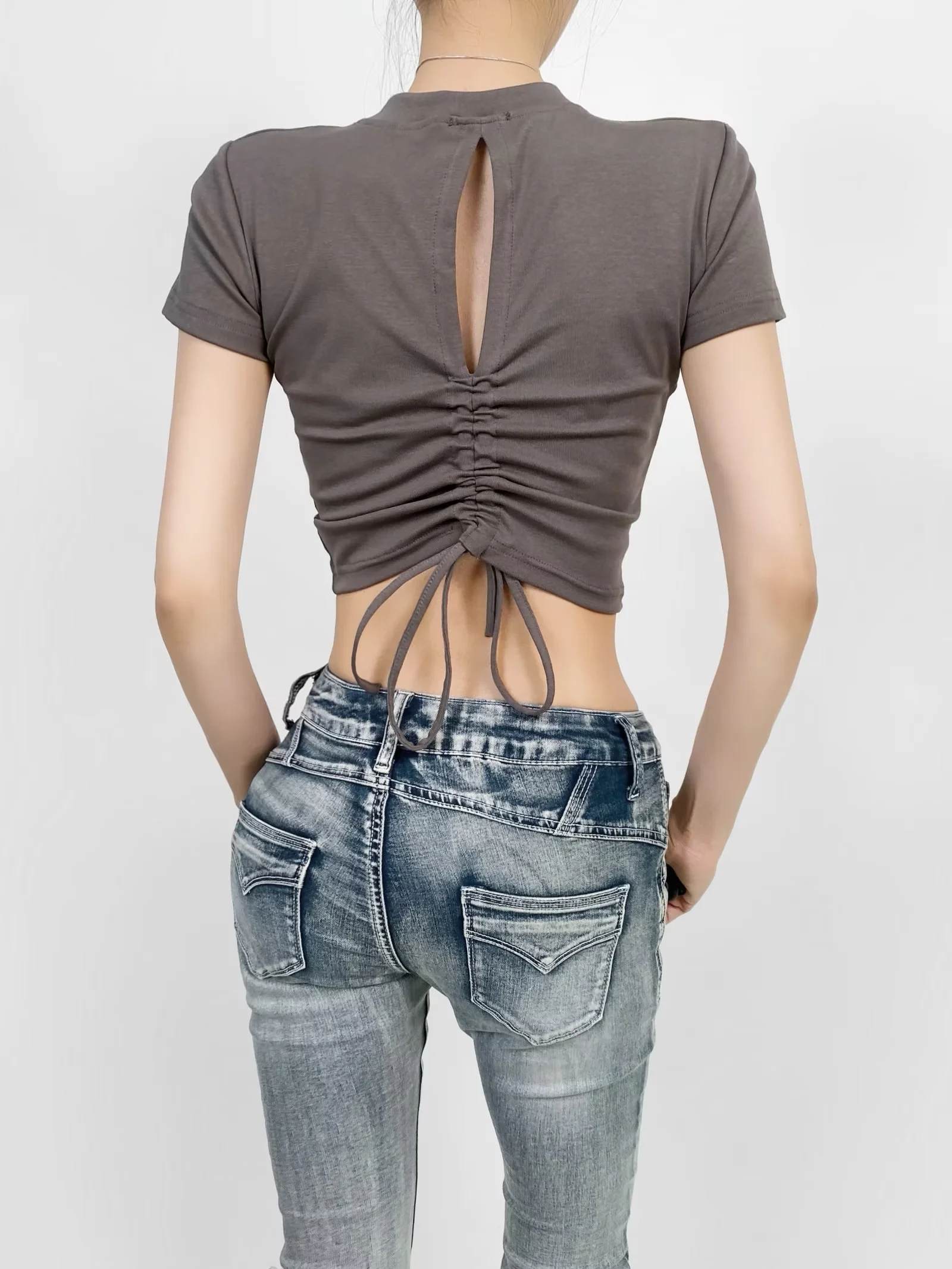 Backless Drawstring Short Sleeve T-Shirt for Women - Slim Fit Summer Top, Trendy Hot Girl Style, Perfect for 90s and Y2K Fashion Backless Drawstring Short Sleeve T-Shirt for Women - Slim Fit Summer Top, Trendy Hot Girl Style, Perfect for 90s and Y2K Fashion