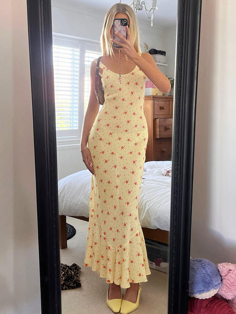 Backless Floral Spaghetti Strap Mermaid Dress - U-Neck, High-Waisted, Slim-Fit for Women - Spring/Summer European & American Style Backless Floral Spaghetti Strap Mermaid Dress - U-Neck, High-Waisted, Slim-Fit for Women - Spring/Summer European & American Style
