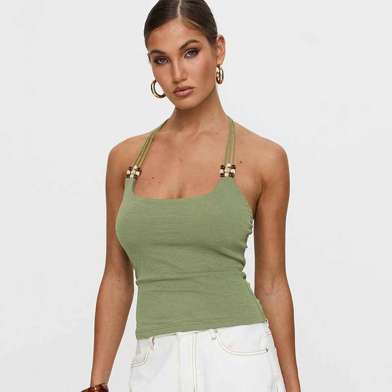 Backless Halter Top - Retro Bohemian Beaded Green Short Top for Women - European American Style, Perfect for Y2K Fashion Backless Halter Top - Retro Bohemian Beaded Green Short Top for Women - European American Style, Perfect for Y2K Fashion