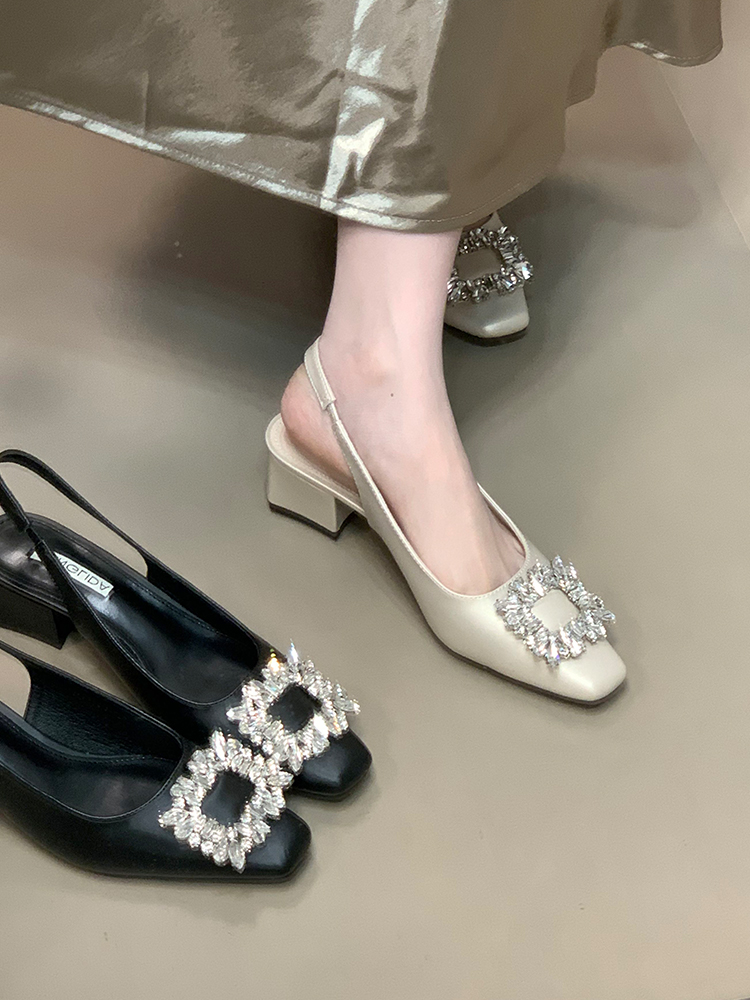 Backless High Heel Sandals with Square Buckle - Ocean One Water Drill Design, Elegant Square Toe for Summer 2025 Fashion