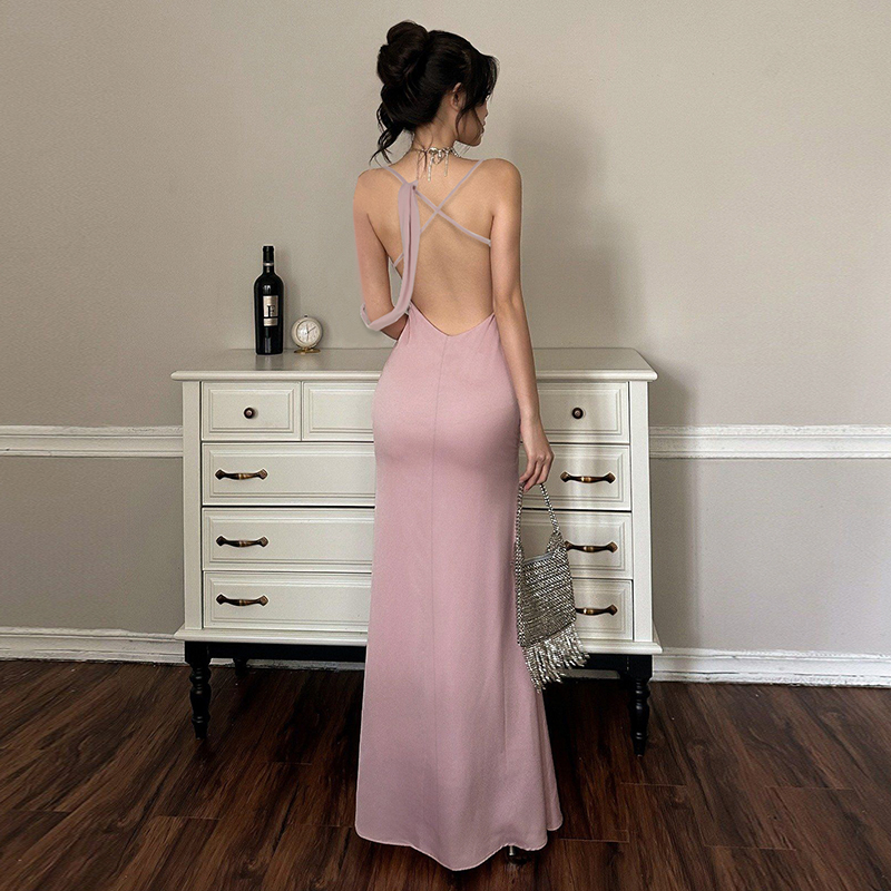 Backless Sling Long Dress in Lotus Pink with Three-Dimensional Rose, Mermaid Style, Elegant Design for Evening Wear, Y2K Fashion Backless Sling Long Dress in Lotus Pink with Three-Dimensional Rose, Mermaid Style, Elegant Design for Evening Wear, Y2K Fashion