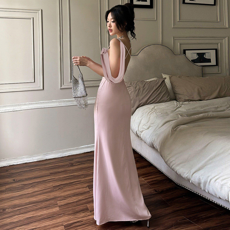Backless Sling Long Dress in Lotus Pink with Three-Dimensional Rose, Mermaid Style, Elegant Design for Evening Wear, Y2K Fashion Backless Sling Long Dress in Lotus Pink with Three-Dimensional Rose, Mermaid Style, Elegant Design for Evening Wear, Y2K Fashion