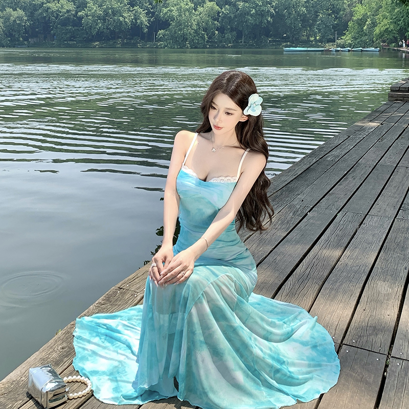 Backless Spaghetti Strap Dress with Butterfly Design - Sexy Summer Mesh Mermaid Skirt Beach Bodycon Dress for Vacation