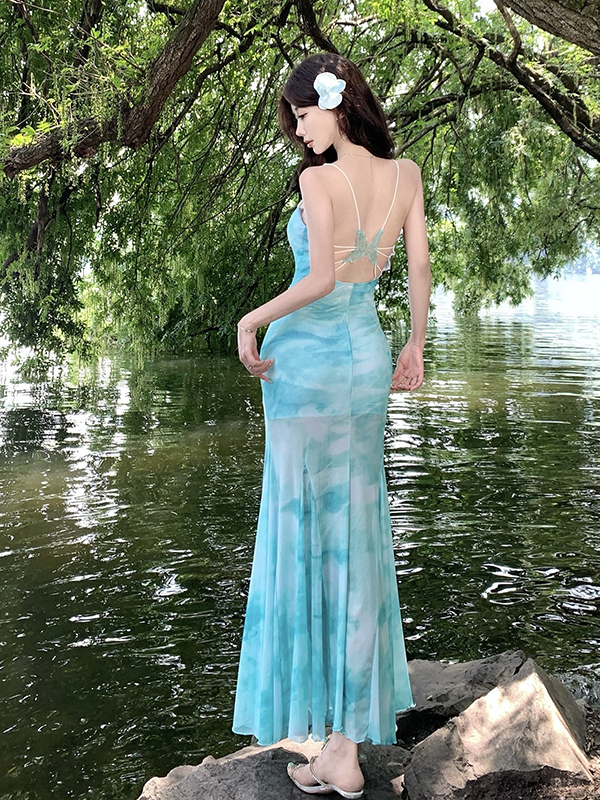 Backless Spaghetti Strap Dress with Butterfly Design - Sexy Summer Mesh Mermaid Skirt Beach Bodycon Dress for Vacation