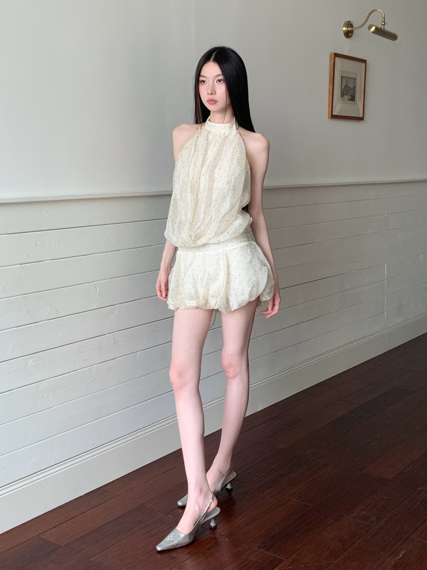 Backless White Polka Dot Mesh Halter Dress - Sexy Short Skirt with Waist-Cinching Spliced Puff Style for a Hot Girl Look Backless White Polka Dot Mesh Halter Dress - Sexy Short Skirt with Waist-Cinching Spliced Puff Style for a Hot Girl Look