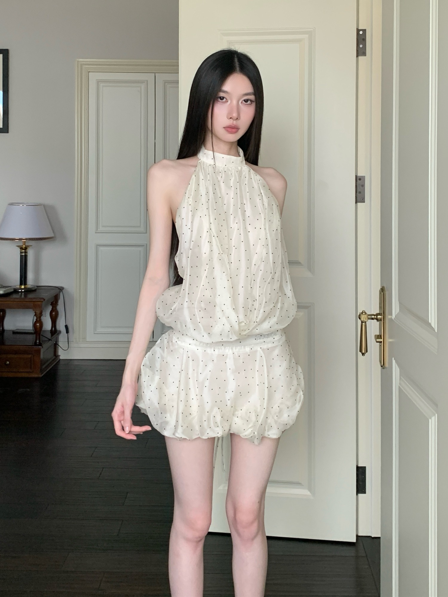 Backless White Polka Dot Mesh Halter Dress - Sexy Short Skirt with Waist-Cinching Spliced Puff Style for a Hot Girl Look