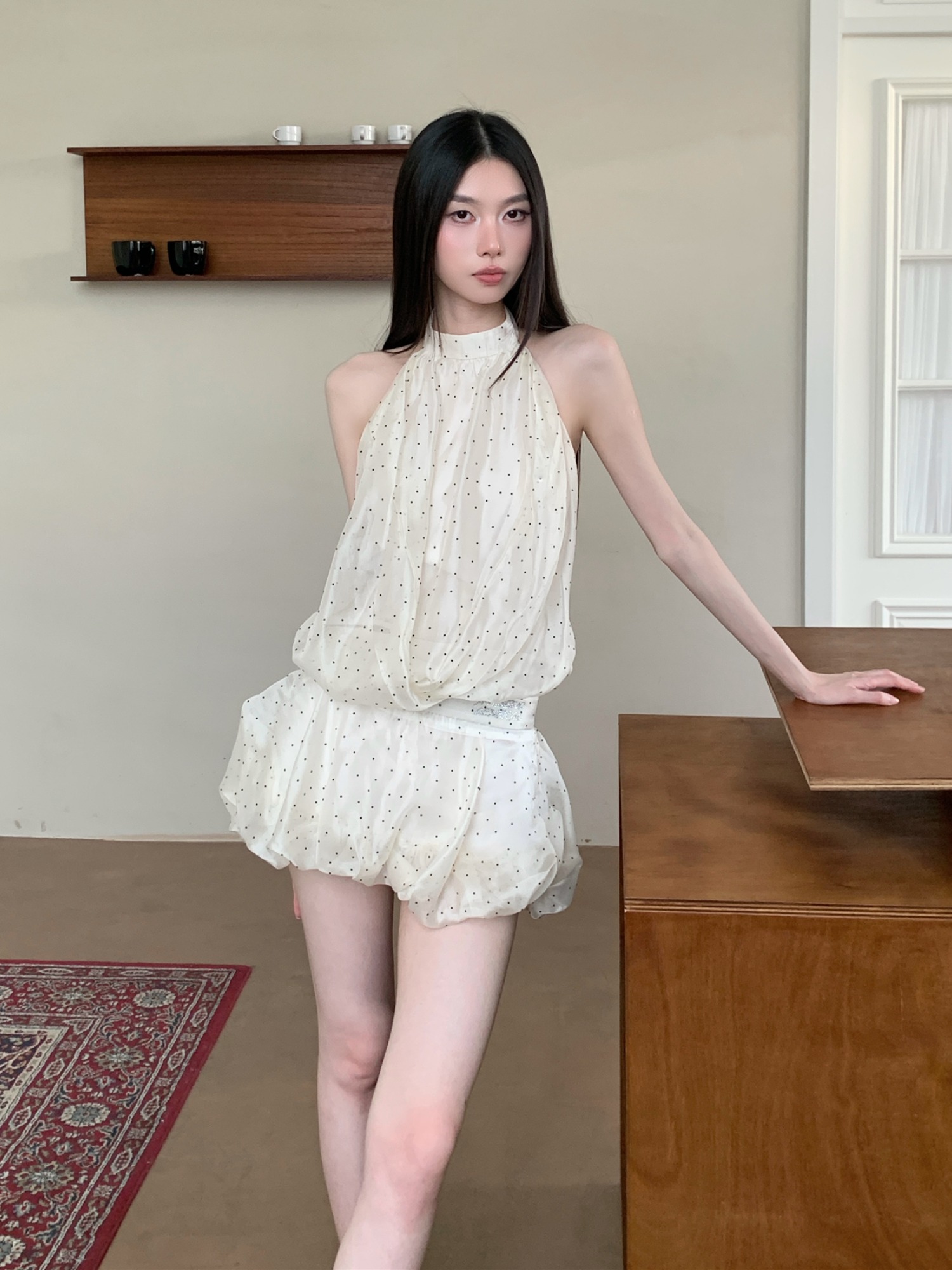 Backless White Polka Dot Mesh Halter Dress - Sexy Short Skirt with Waist-Cinching Spliced Puff Style for a Hot Girl Look