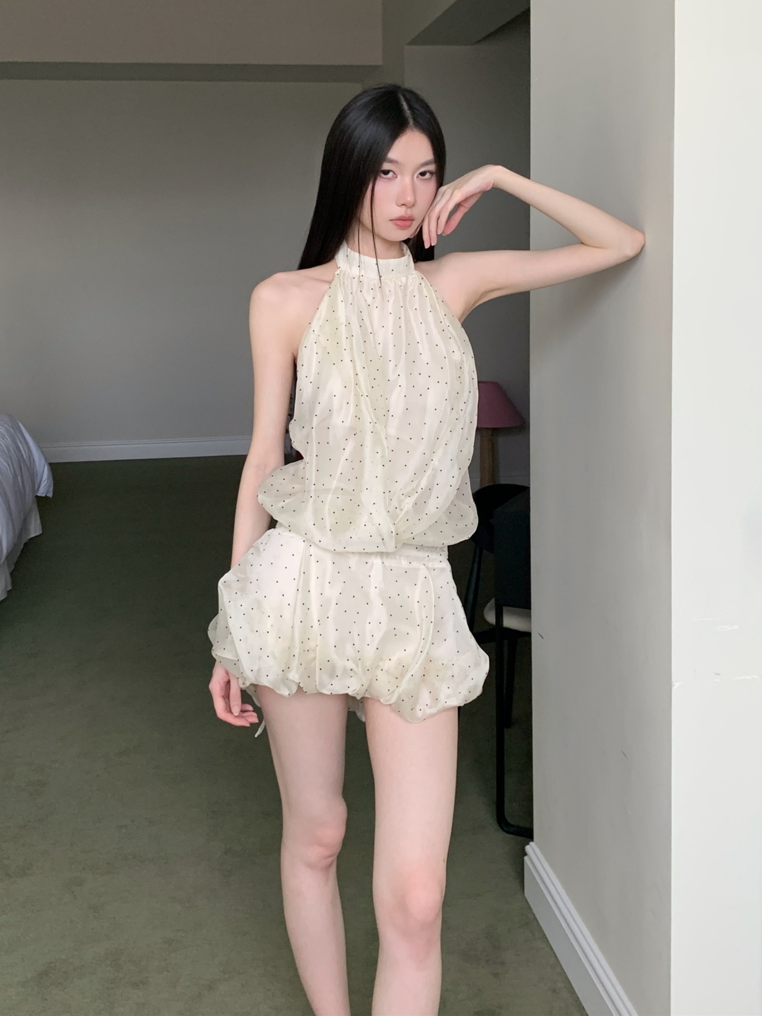 Backless White Polka Dot Mesh Halter Dress - Sexy Short Skirt with Waist-Cinching Spliced Puff Style for a Hot Girl Look Backless White Polka Dot Mesh Halter Dress - Sexy Short Skirt with Waist-Cinching Spliced Puff Style for a Hot Girl Look