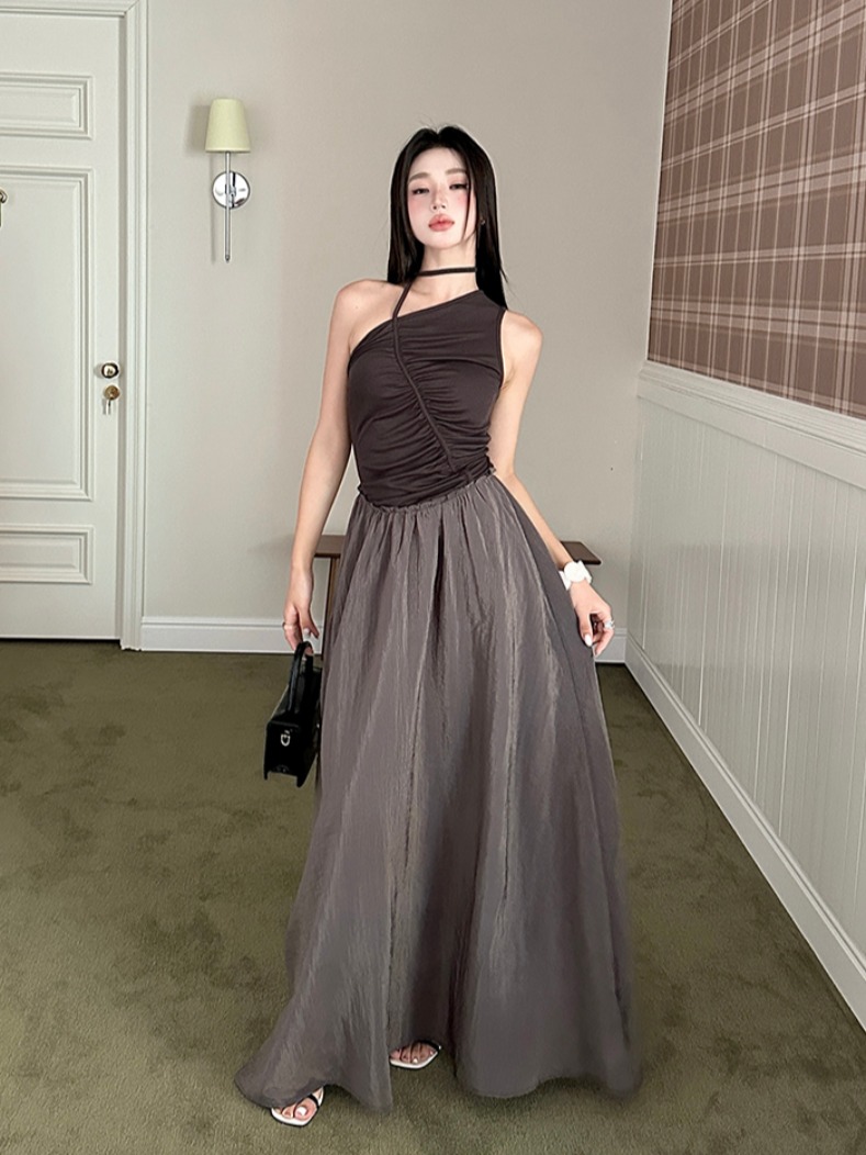Bamboo Fiber Satin Asymmetrical Sleeveless Dress with Irregular Patchwork, Color-Blocking, and Pleated Design - Long Skirt Fashion Piece