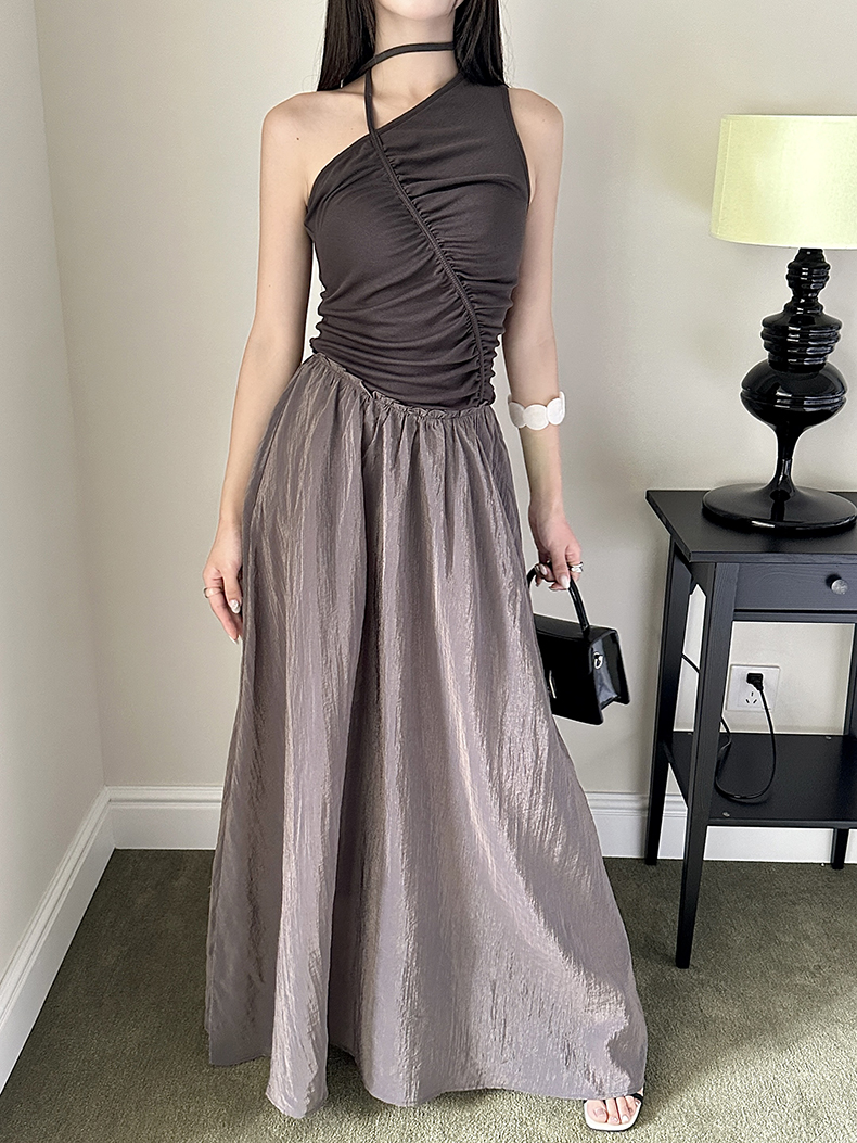 Bamboo Fiber Satin Asymmetrical Sleeveless Dress with Irregular Patchwork, Color-Blocking, and Pleated Design - Long Skirt Fashion Piece