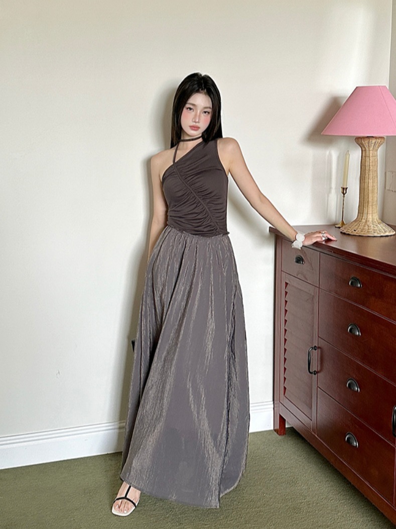 Bamboo Fiber Satin Asymmetrical Sleeveless Dress with Irregular Patchwork, Color-Blocking, and Pleated Design - Long Skirt Fashion Piece Bamboo Fiber Satin Asymmetrical Sleeveless Dress with Irregular Patchwork, Color-Blocking, and Pleated Design - Long Skirt Fashion Piece