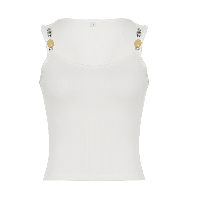 Beaded Patchwork Ribbed Knit Tank Top - Slim Fit European American Street Style Fashion