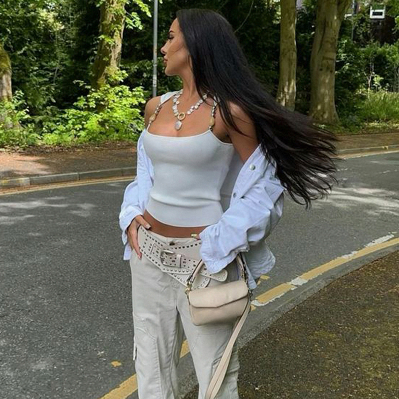 Beaded Patchwork Ribbed Knit Tank Top - Slim Fit European American Street Style Fashion Beaded Patchwork Ribbed Knit Tank Top - Slim Fit European American Street Style Fashion