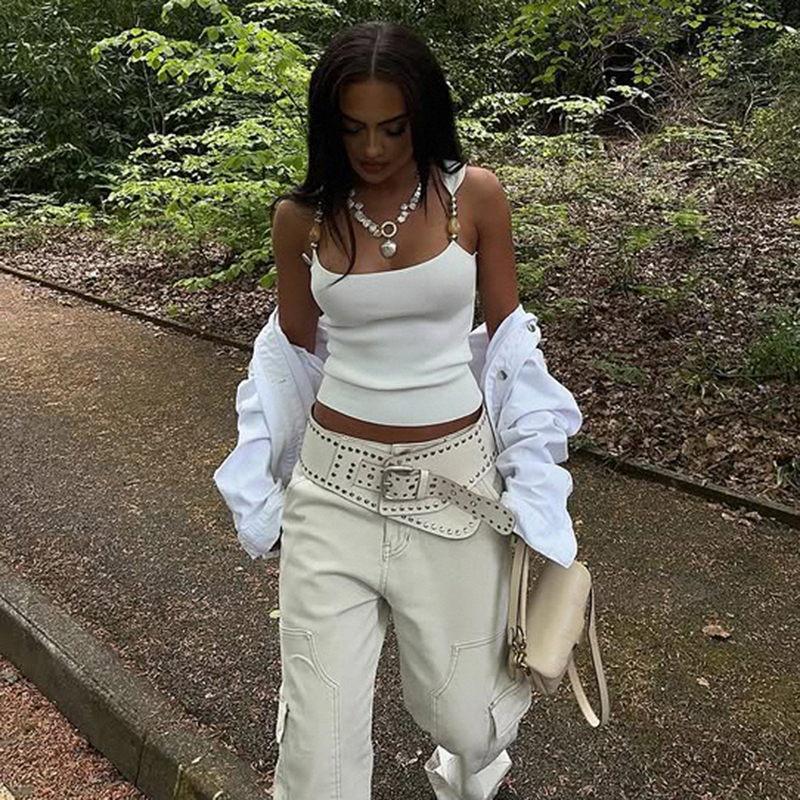 Beaded Patchwork Ribbed Knit Tank Top - Slim Fit European American Street Style Fashion Beaded Patchwork Ribbed Knit Tank Top - Slim Fit European American Street Style Fashion