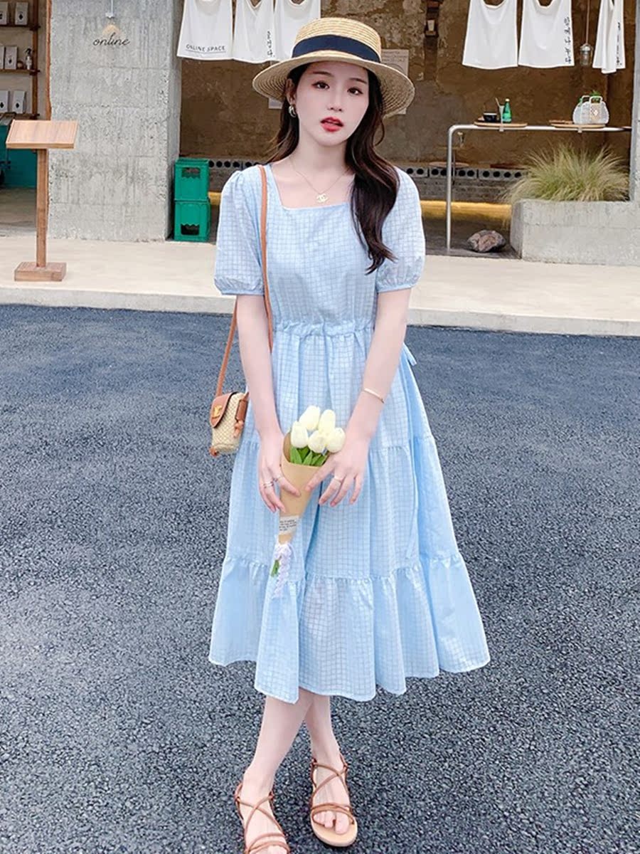 Beautiful Blue Chiffon Dress for Women - Summer 2025 Long French Vacation Style, Youthful & Trendy Fashion for 90s Inspired Looks Beautiful Blue Chiffon Dress for Women - Summer 2025 Long French Vacation Style, Youthful & Trendy Fashion for 90s Inspired Looks