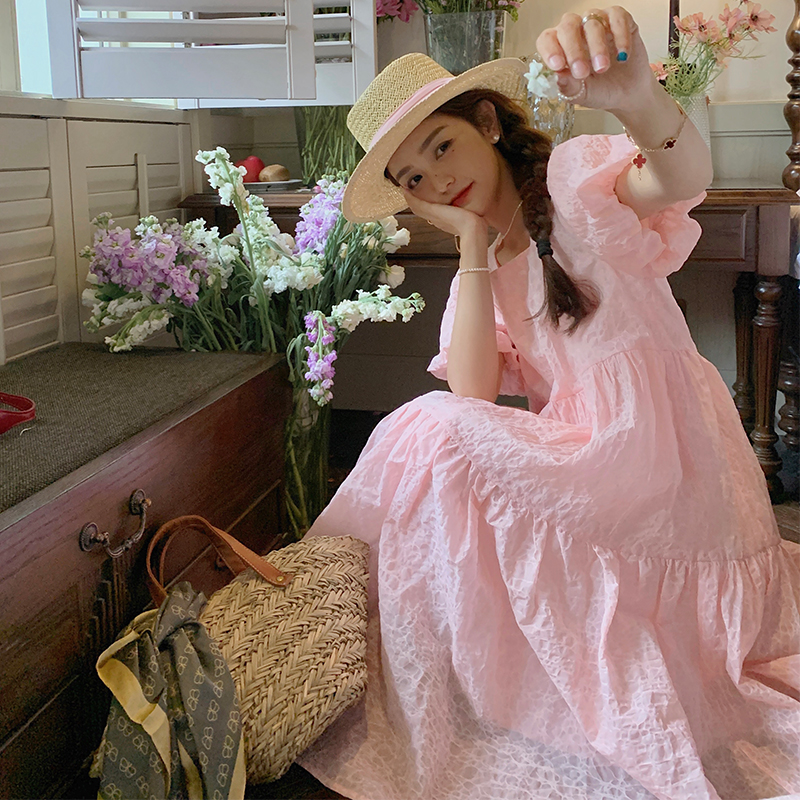 Beautiful Pink Bubble Sleeve Square Neck Dress for Women - Loose Fairy Style Summer 2025 Fashion