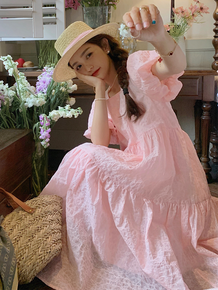 Beautiful Pink Bubble Sleeve Square Neck Dress for Women - Loose Fairy Style Summer 2025 Fashion