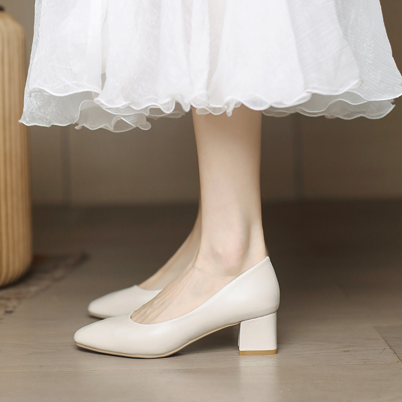 Beige Chunky Heel High-Heeled Shoes for Women, Soft Leather Square Toe, Mid-Heel Professional Work Shoes, Spring 2025 Fashion.