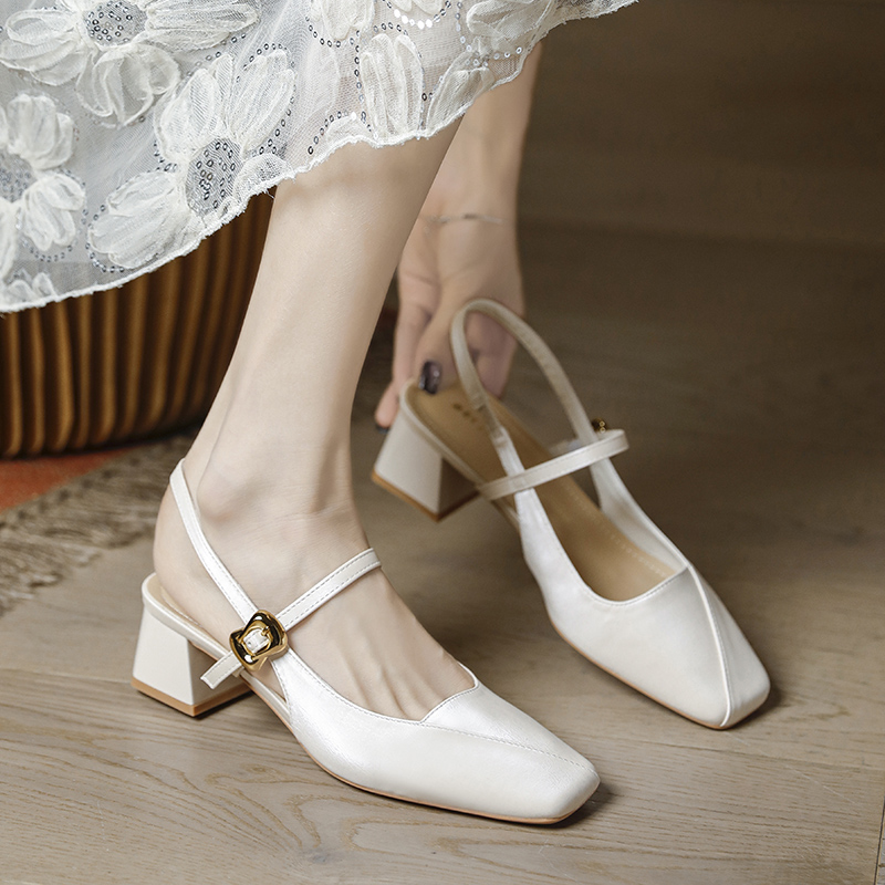 Beige Chunky-Heeled Women's Sandals - Summer Fairy-Tale Style, French Backless Design, Versatile for Dresses and Skirts