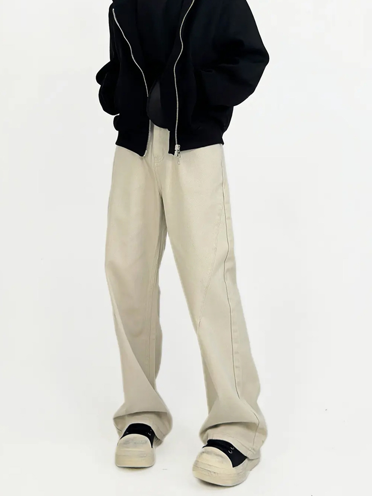 Beige High Street Loose Fit Straight Leg Denim Pants for Men - Retro Casual Trousers, 90s Inspired Style