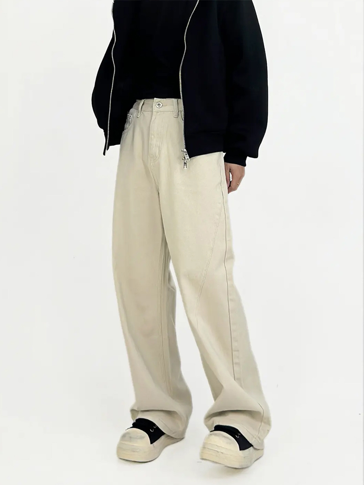 Beige High Street Loose Fit Straight Leg Denim Pants for Men - Retro Casual Trousers, 90s Inspired Style Beige High Street Loose Fit Straight Leg Denim Pants for Men - Retro Casual Trousers, 90s Inspired Style