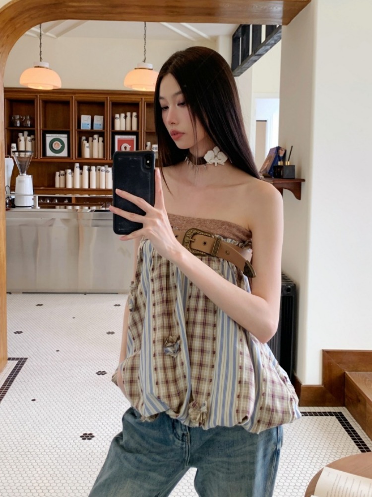 Beige Plaid Patchwork Vintage Floral Strapless Top for Women - Summer Sexy Two-Way Short Skirt, Y2K Style Beige Plaid Patchwork Vintage Floral Strapless Top for Women - Summer Sexy Two-Way Short Skirt, Y2K Style