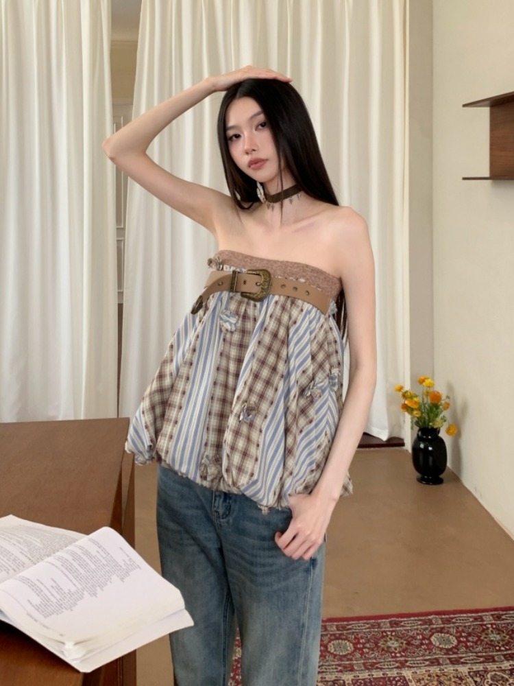 Beige Plaid Patchwork Vintage Floral Strapless Top for Women - Summer Sexy Two-Way Short Skirt, Y2K Style