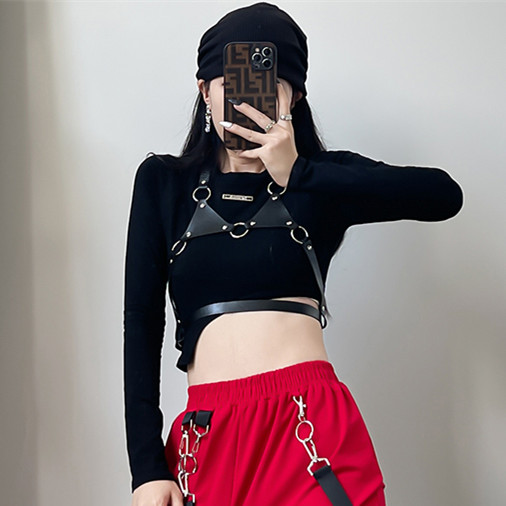 Black and Red Girl Group Performance Outfit - Spade A Dance Costume Set with Jazz Dance Top and Stylish Work Pants