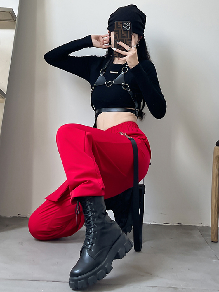 Black and Red Girl Group Performance Outfit - Spade A Dance Costume Set with Jazz Dance Top and Stylish Work Pants Black and Red Girl Group Performance Outfit - Spade A Dance Costume Set with Jazz Dance Top and Stylish Work Pants