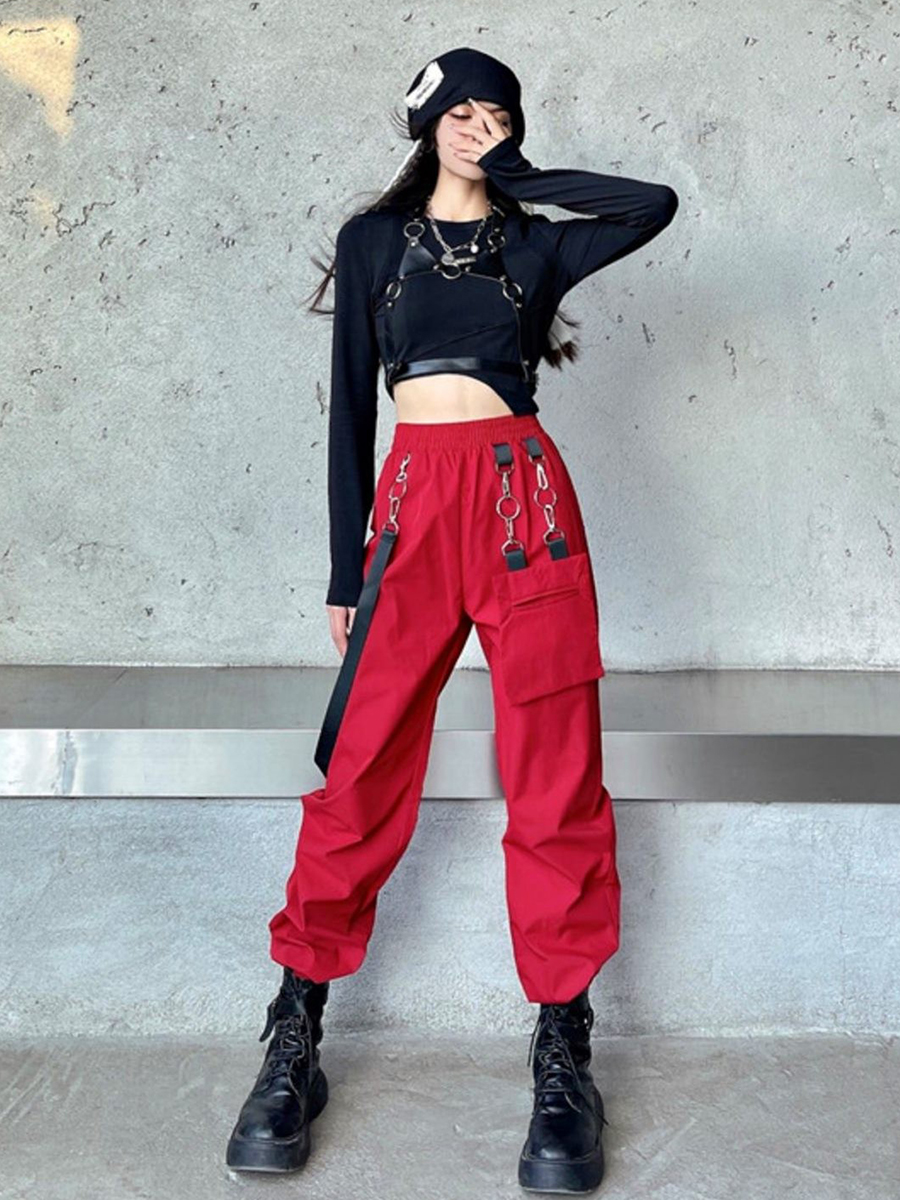 Black and Red Girl Group Performance Outfit - Spade A Dance Costume Set with Jazz Dance Top and Stylish Work Pants