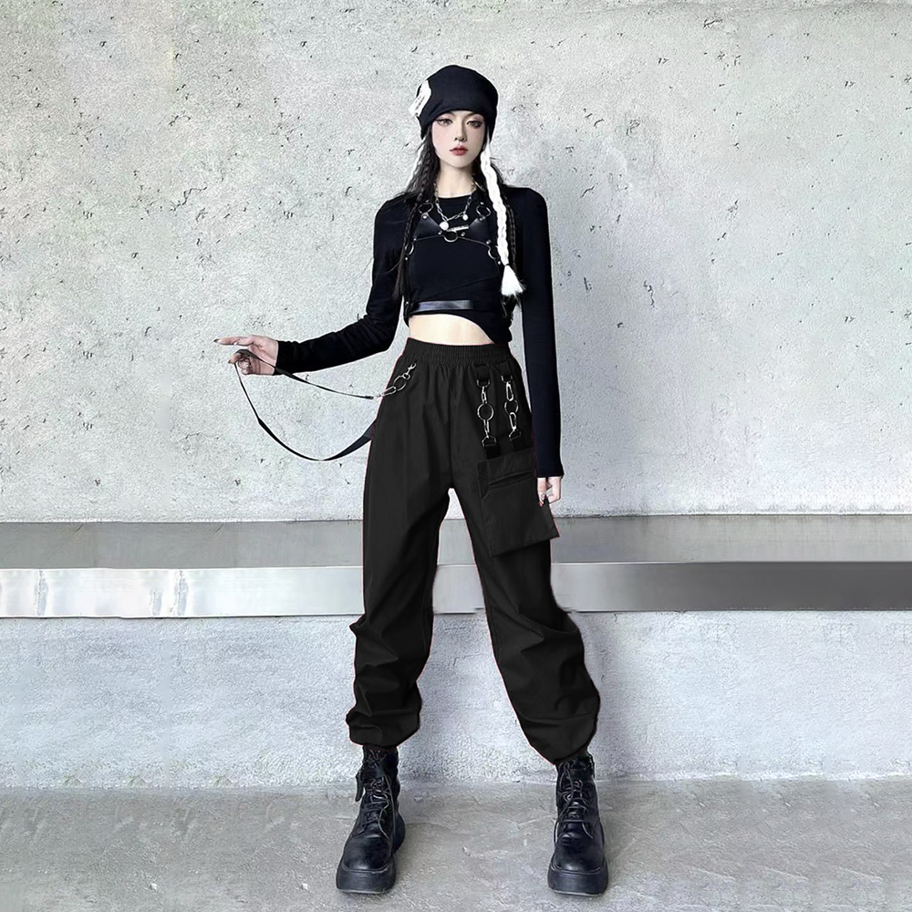 Black and Red Girl Group Performance Outfit - Spade A Dance Costume Set with Jazz Dance Top and Stylish Work Pants Black and Red Girl Group Performance Outfit - Spade A Dance Costume Set with Jazz Dance Top and Stylish Work Pants