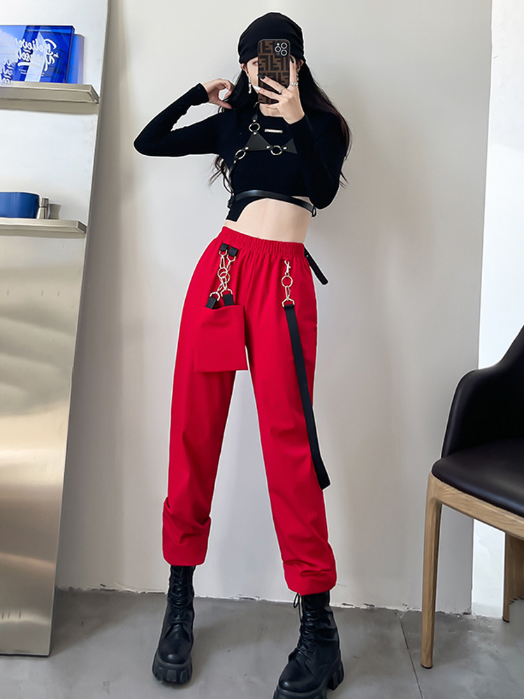 Black and Red Girl Group Performance Outfit - Spade A Dance Costume Set with Jazz Dance Top and Stylish Work Pants Black and Red Girl Group Performance Outfit - Spade A Dance Costume Set with Jazz Dance Top and Stylish Work Pants