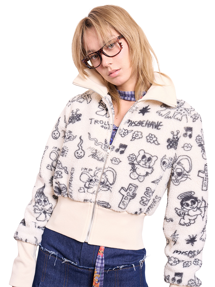 Black and White Printed Plush Short Coat with Lapel - Artist Original Short Plush Jacket for Trendy Style Black and White Printed Plush Short Coat with Lapel - Artist Original Short Plush Jacket for Trendy Style