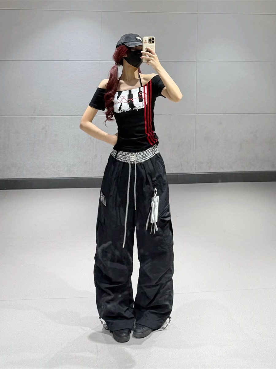 Black Checkered Patchwork High-Waisted Quick-Dry Work Pants for Women - Summer Straight-Leg Dance and Sports Pants