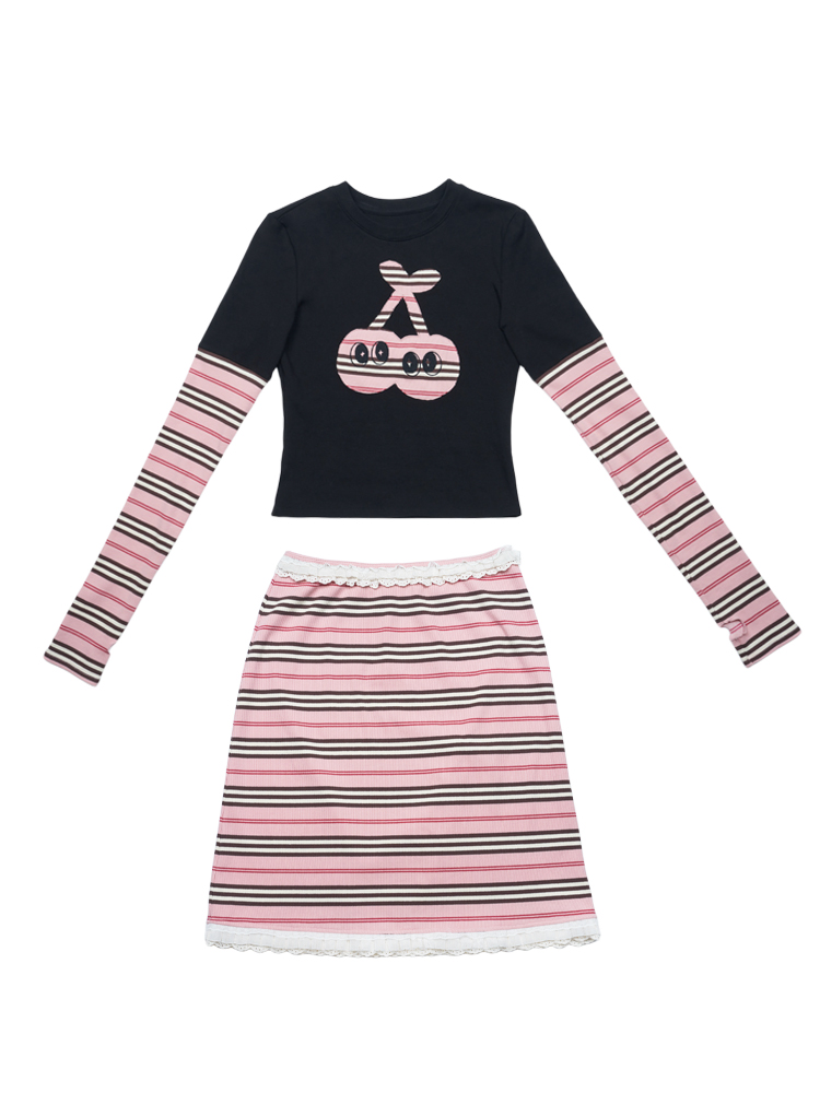 Black Cherry Patchwork Long Sleeve T-Shirt and Striped Skirt Set - Trendy Y2K Fake Two-Piece Outfit for Stylish Women Black Cherry Patchwork Long Sleeve T-Shirt and Striped Skirt Set - Trendy Y2K Fake Two-Piece Outfit for Stylish Women