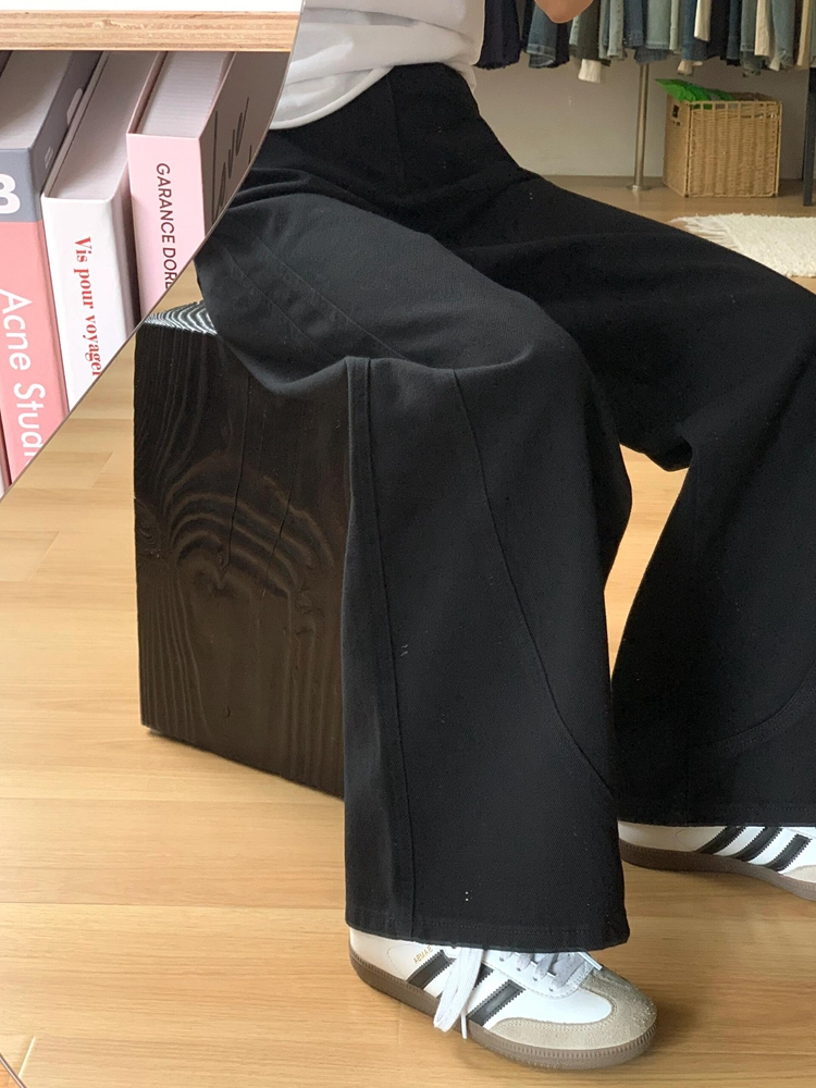 Black Curved Blade Wide-Leg Jeans for Women, Vintage High-Waisted Loose-Fitting Summer Pants, Versatile Straight-Leg Design