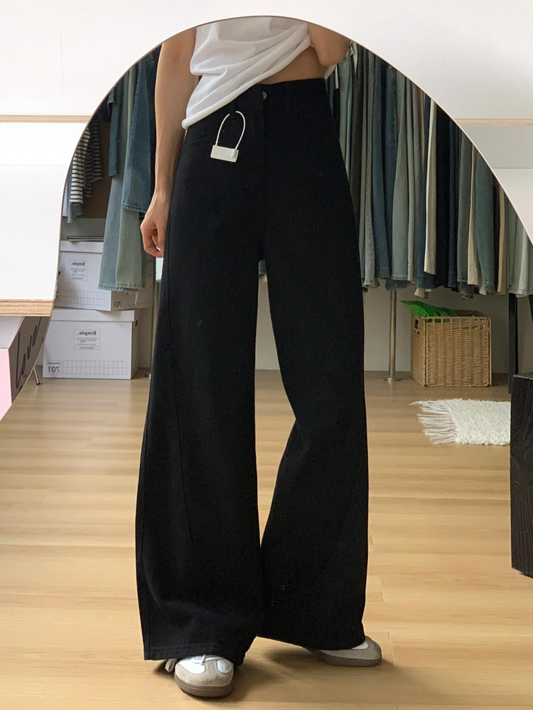 Black Curved Blade Wide-Leg Jeans for Women, Vintage High-Waisted Loose-Fitting Summer Pants, Versatile Straight-Leg Design