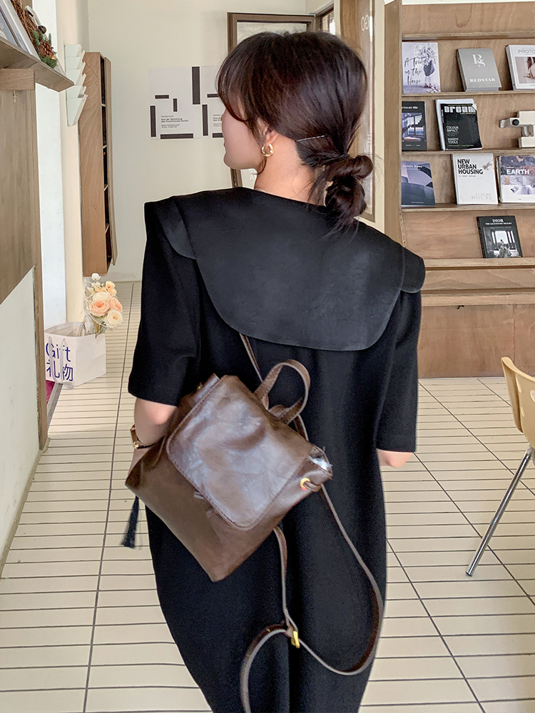 Black Doll Collar T-Shirt Dress for Women - Summer 2025, Loose Casual Style, Age-Reducing, Unique and Beautiful Design Black Doll Collar T-Shirt Dress for Women - Summer 2025, Loose Casual Style, Age-Reducing, Unique and Beautiful Design