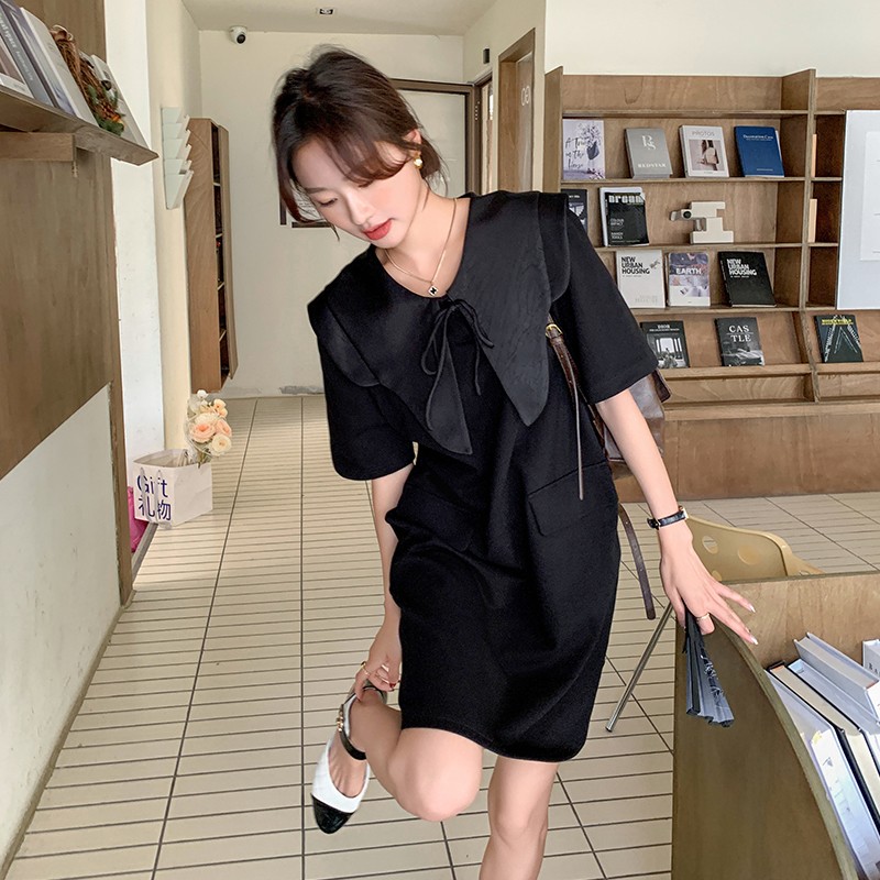 Black Doll Collar T-Shirt Dress for Women - Summer 2025, Loose Casual Style, Age-Reducing, Unique and Beautiful Design Black Doll Collar T-Shirt Dress for Women - Summer 2025, Loose Casual Style, Age-Reducing, Unique and Beautiful Design