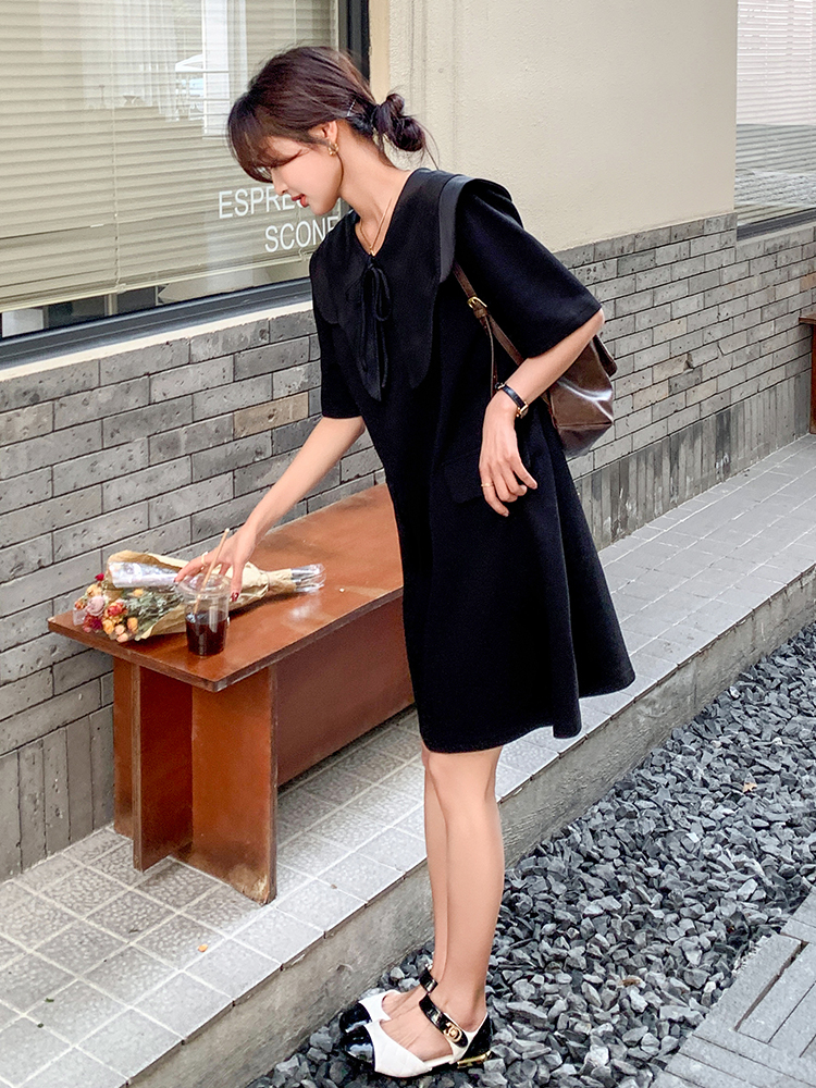 Black Doll Collar T-Shirt Dress for Women - Summer 2025, Loose Casual Style, Age-Reducing, Unique and Beautiful Design Black Doll Collar T-Shirt Dress for Women - Summer 2025, Loose Casual Style, Age-Reducing, Unique and Beautiful Design