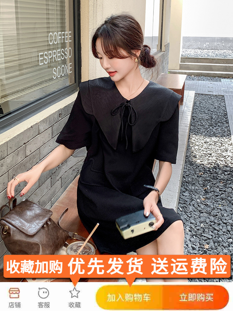 Black Doll Collar T-Shirt Dress for Women - Summer 2025, Loose Casual Style, Age-Reducing, Unique and Beautiful Design Black Doll Collar T-Shirt Dress for Women - Summer 2025, Loose Casual Style, Age-Reducing, Unique and Beautiful Design