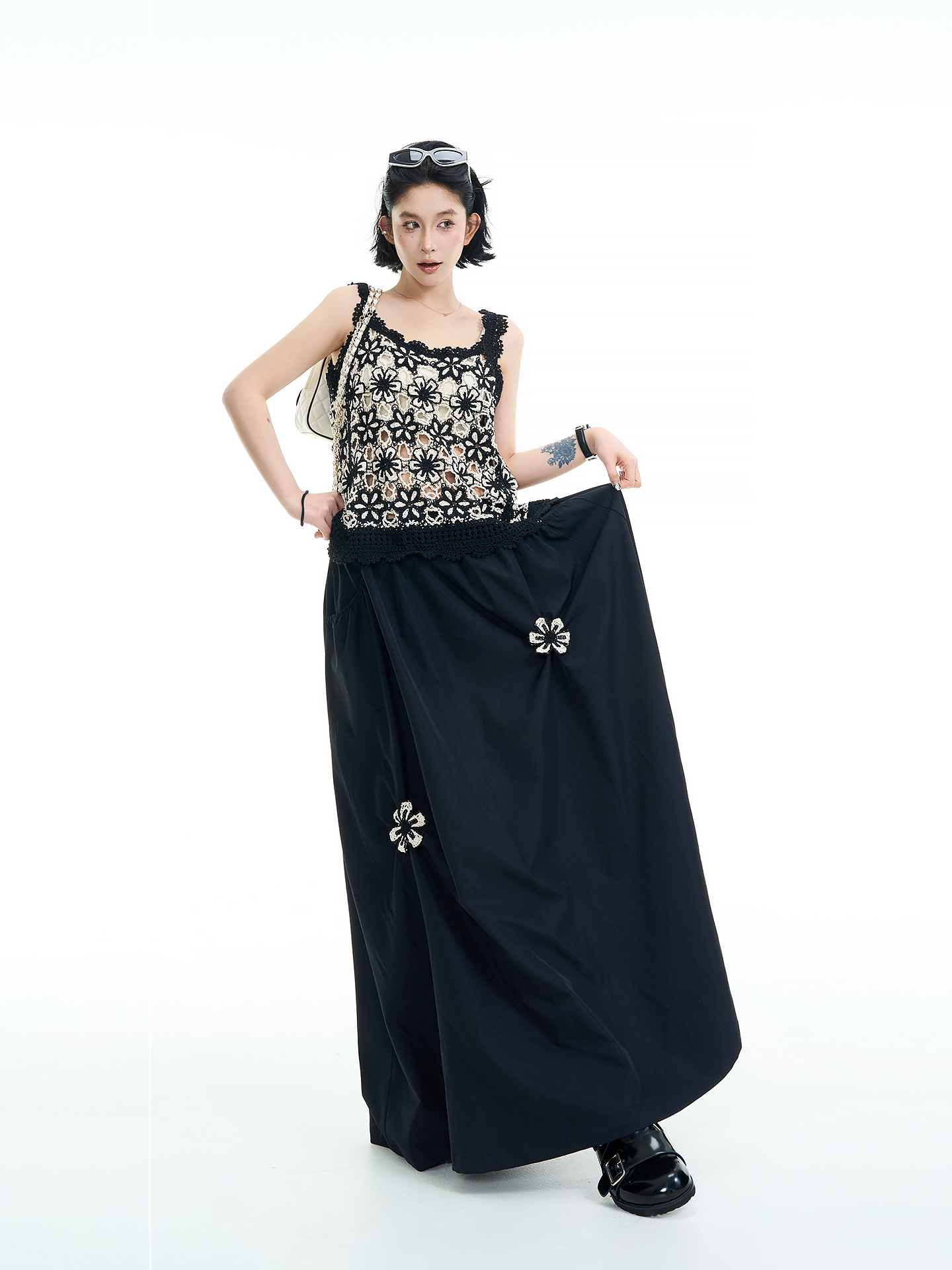 Black Embroidered High-Waisted Draped A-Line Skirt for Women - Summer Korean Style Loose Flared Skirt Black Embroidered High-Waisted Draped A-Line Skirt for Women - Summer Korean Style Loose Flared Skirt