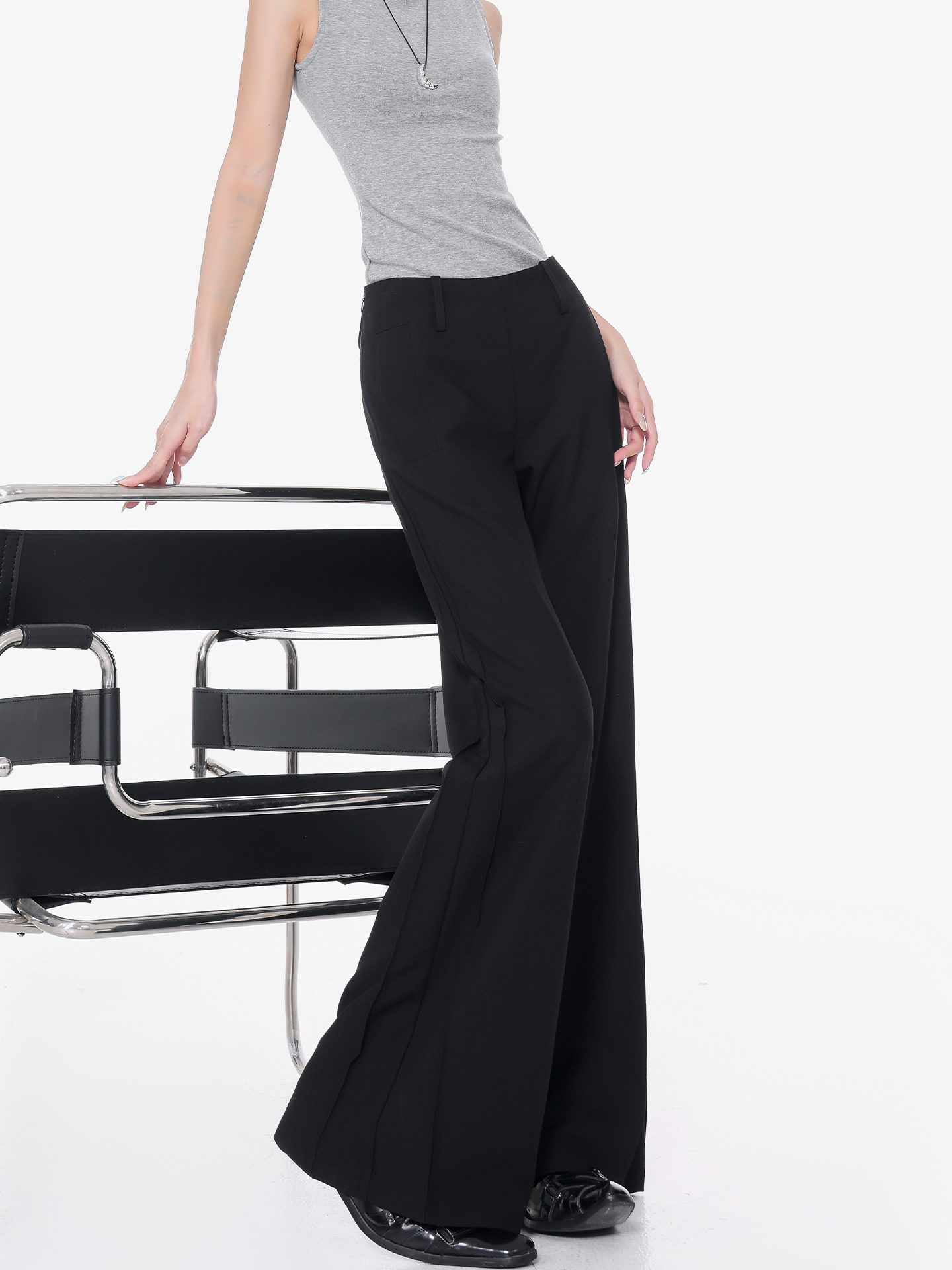 Black Flared Suit Pants for Women - Low Waist Draped Wide-Leg Trousers, Casual Floor-Length Style, Perfect for Summer Outfits Black Flared Suit Pants for Women - Low Waist Draped Wide-Leg Trousers, Casual Floor-Length Style, Perfect for Summer Outfits