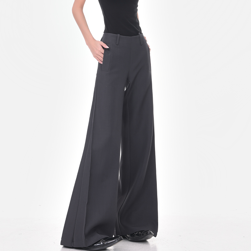 Black Flared Suit Pants for Women - Low Waist Draped Wide-Leg Trousers, Casual Floor-Length Style, Perfect for Summer Outfits Black Flared Suit Pants for Women - Low Waist Draped Wide-Leg Trousers, Casual Floor-Length Style, Perfect for Summer Outfits
