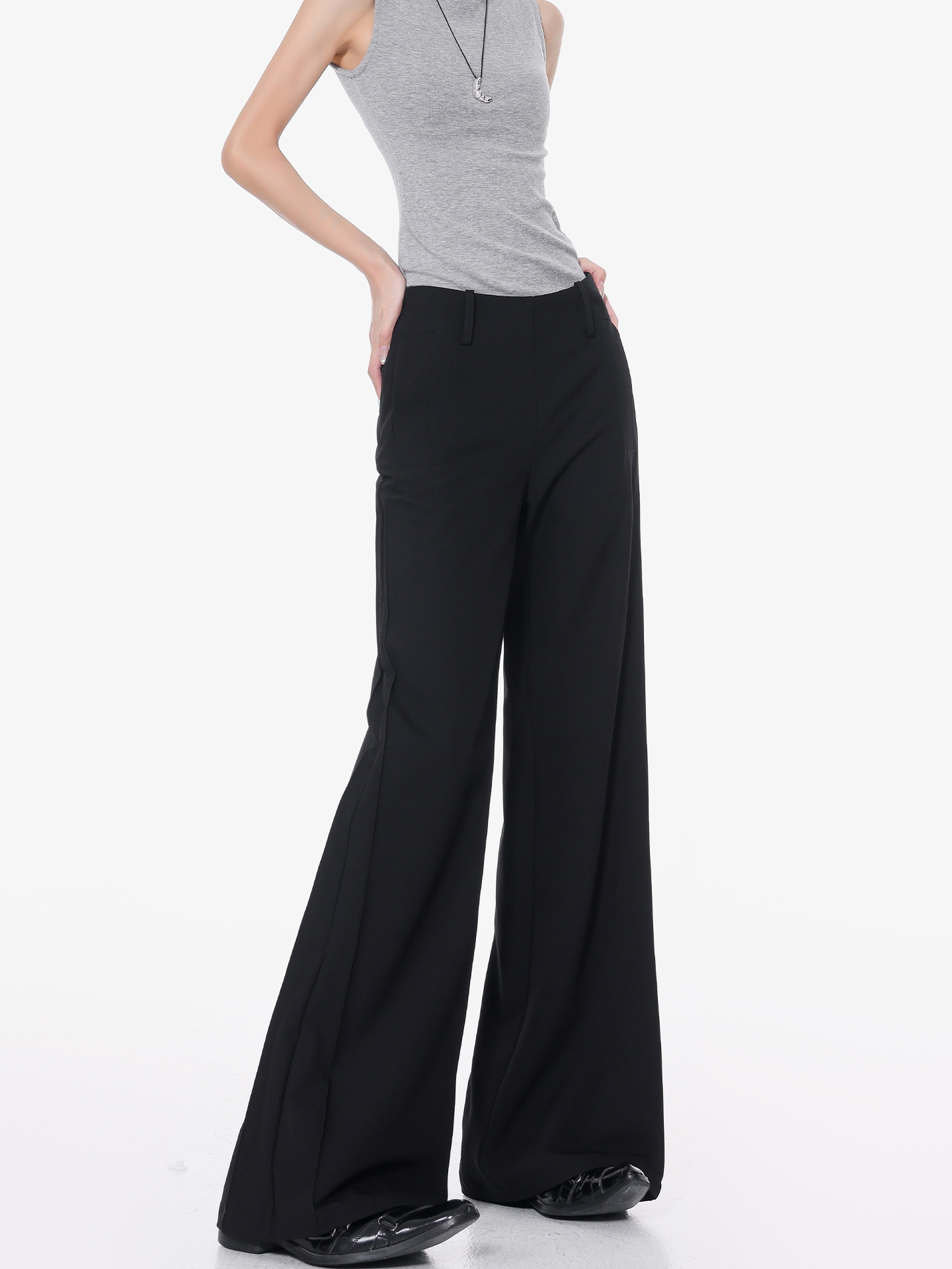 Black Flared Suit Pants for Women - Low Waist Draped Wide-Leg Trousers, Casual Floor-Length Style, Perfect for Summer Outfits