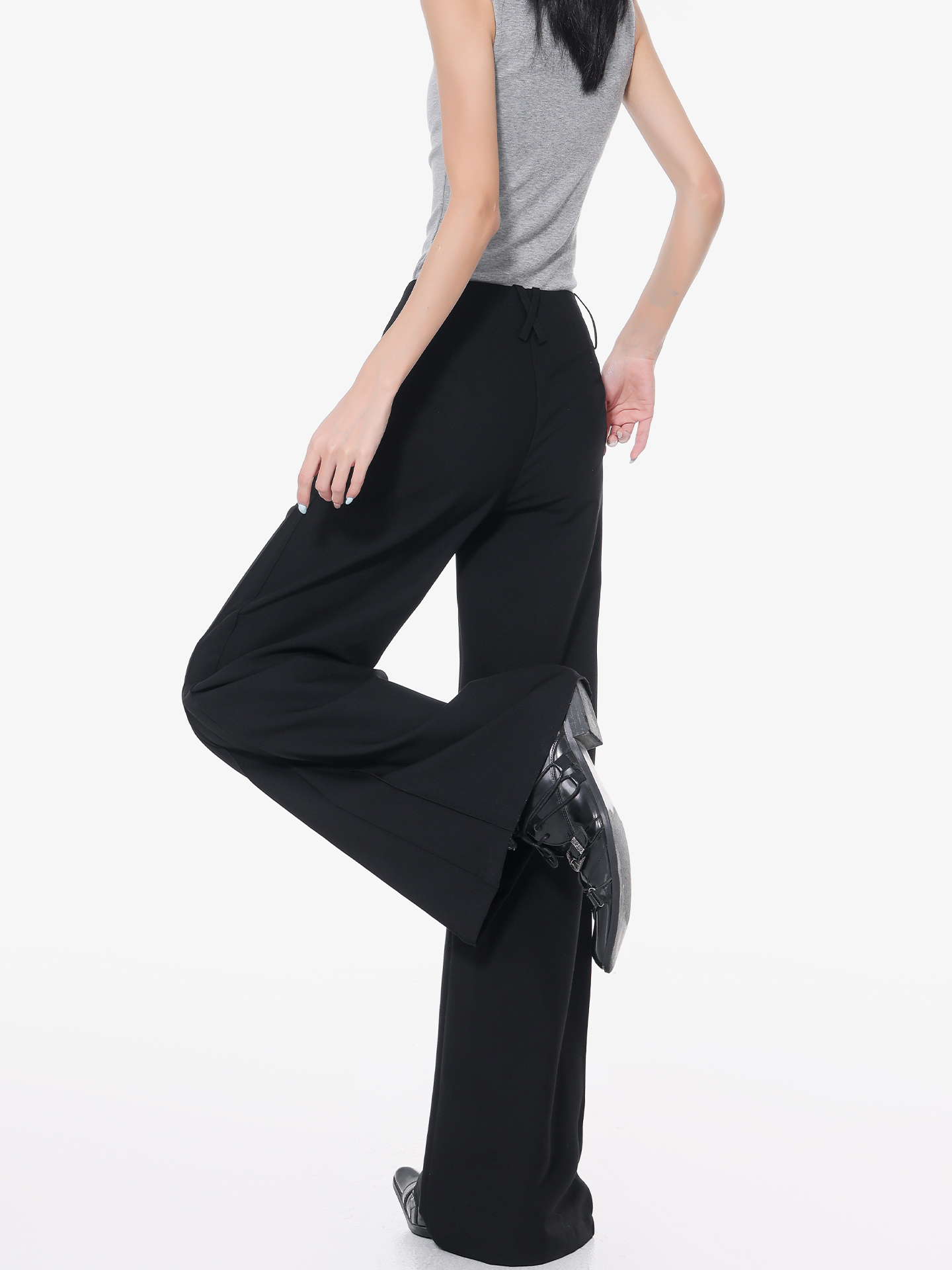 Black Flared Suit Pants for Women - Low Waist Draped Wide-Leg Trousers, Casual Floor-Length Style, Perfect for Summer Outfits Black Flared Suit Pants for Women - Low Waist Draped Wide-Leg Trousers, Casual Floor-Length Style, Perfect for Summer Outfits