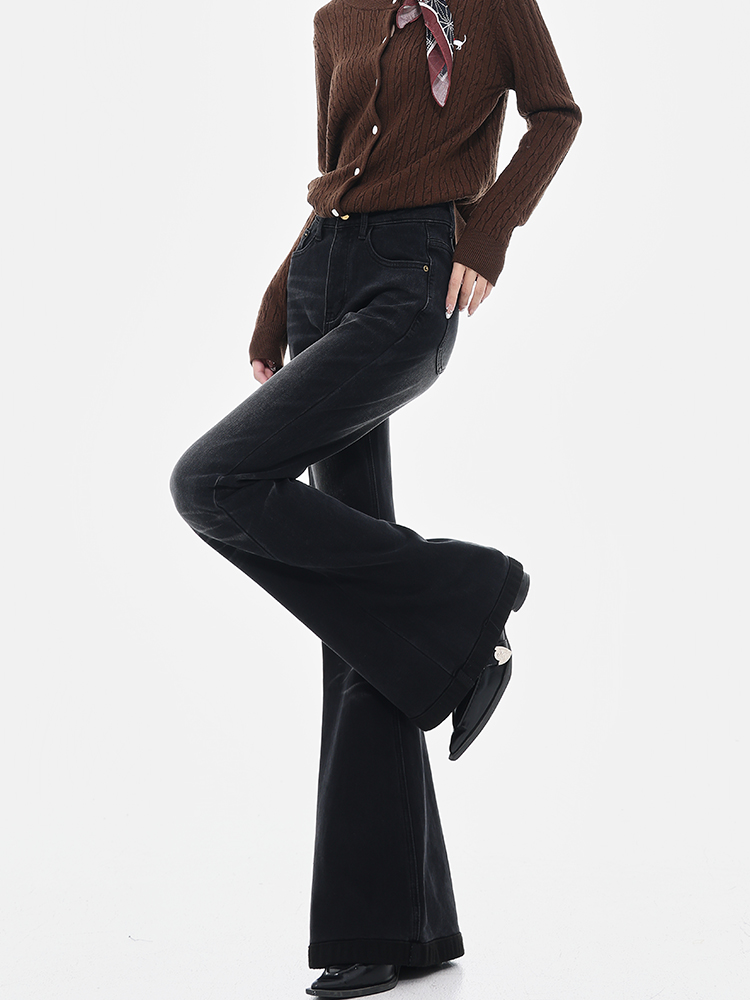 Black Fleece-Lined Flared Jeans for Women - Vintage Slim Fit Bootcut Pants - Autumn/Winter American Style Black Fleece-Lined Flared Jeans for Women - Vintage Slim Fit Bootcut Pants - Autumn/Winter American Style